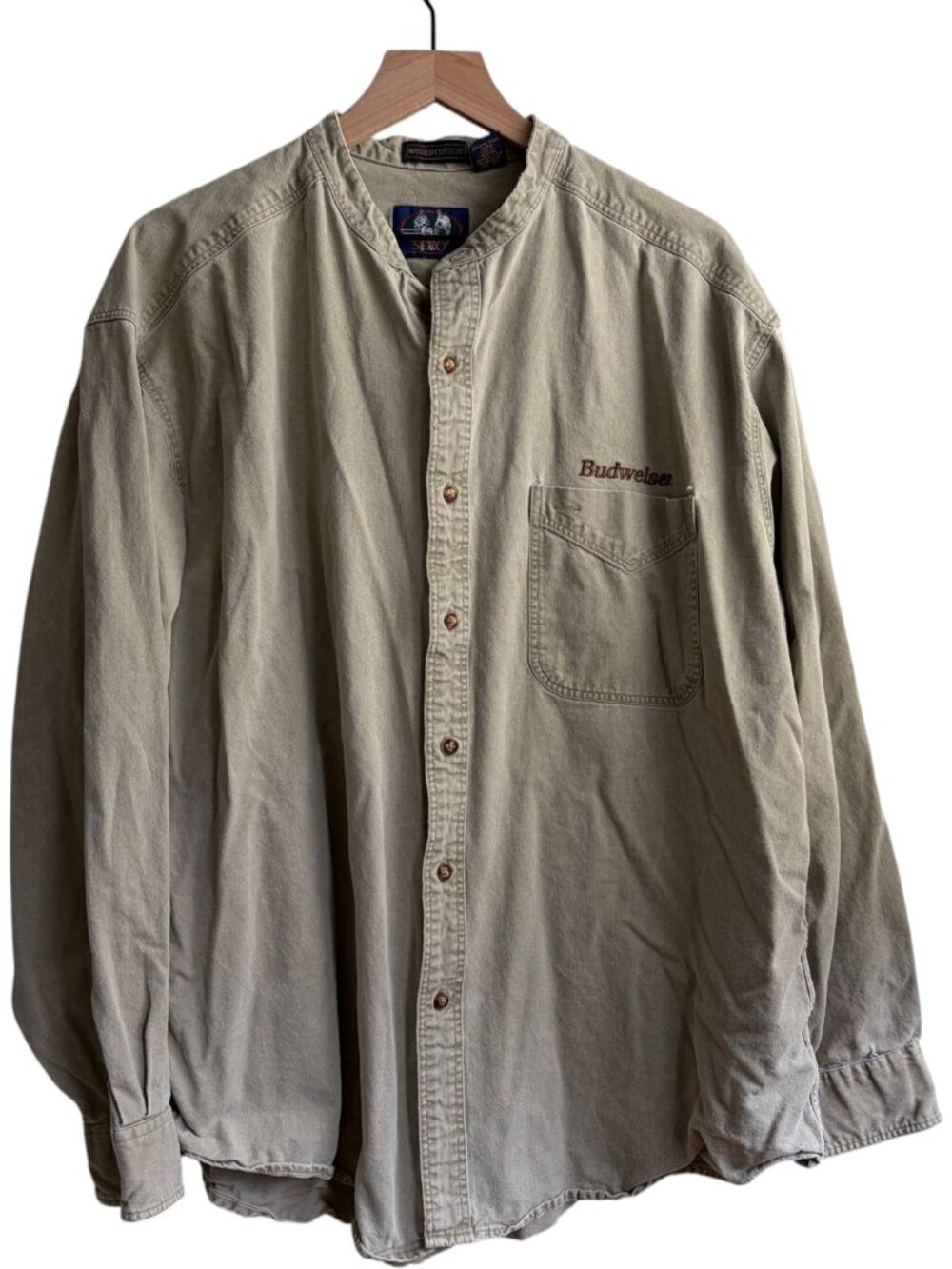 Vintage SERO Budweiser Beer Cotton Long Sleeve Khaki Button Up Shirt 90s Y2k XXL